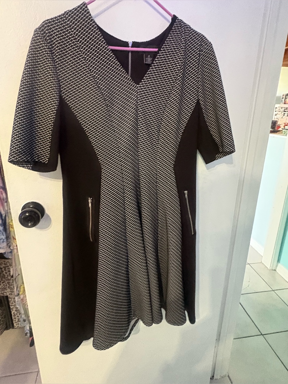 Liz Claiborne Black and White V-Neck Fit-and-Flare Midi Dress